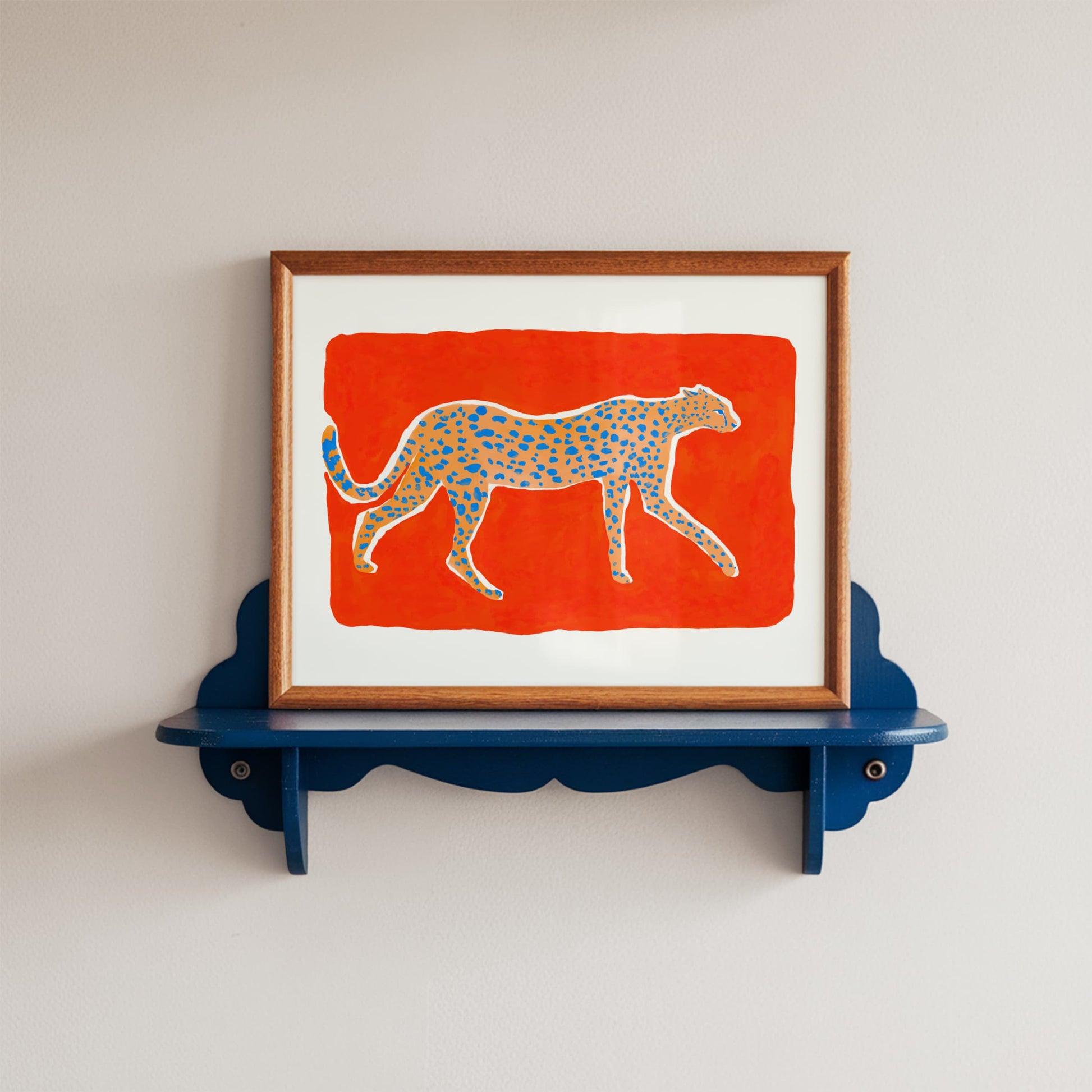 High quality giclée print of a gouache painting by watercolor artist Sun Lee. Features a cheetah walking in profile on a vermilion background. Aesthetic watercolor artwork combining elegance and bold simplicity.