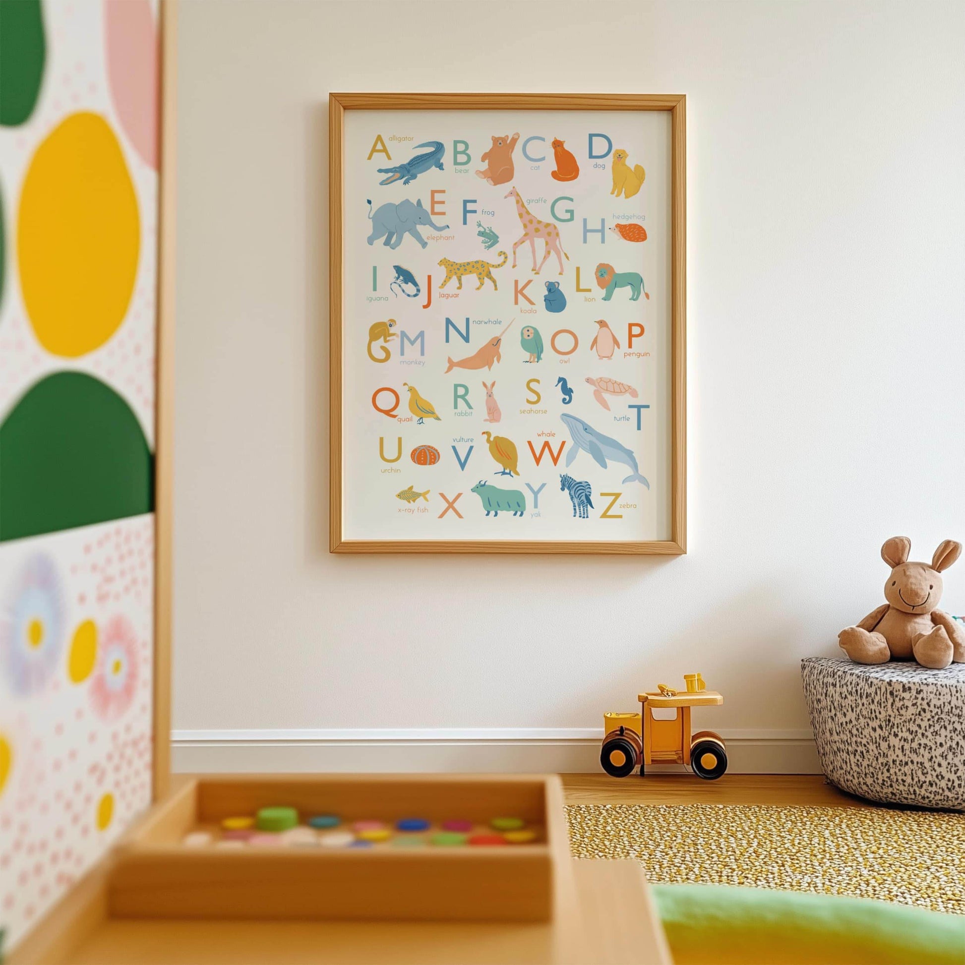 Animal alphabet ABC Giclée print featuring  animals representing each letter in soft, neutral tones.