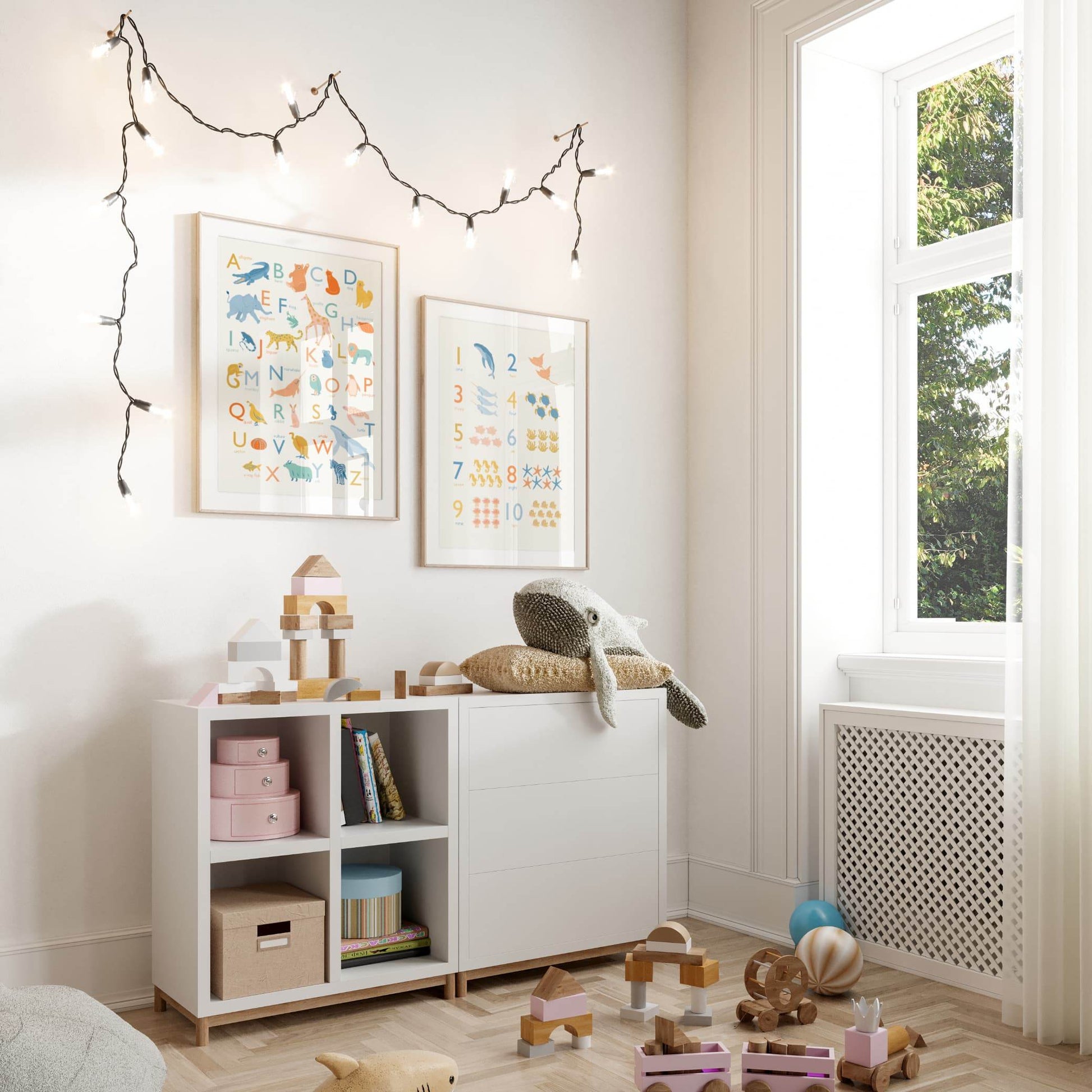 Animal alphabet Giclée print featuring  animals representing each letter in soft, neutral tones.
