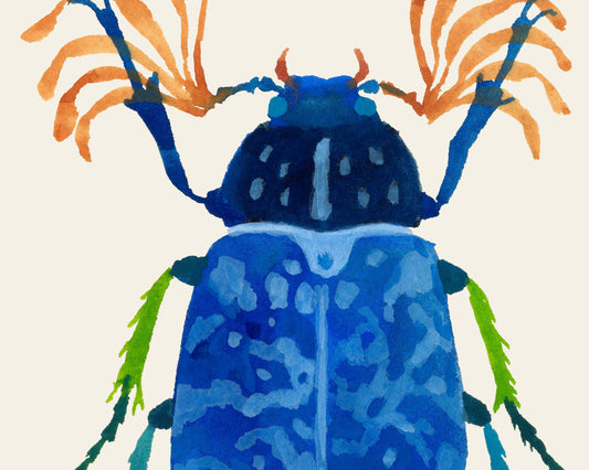 Colorful gouache illustration of a beetle on a beige background