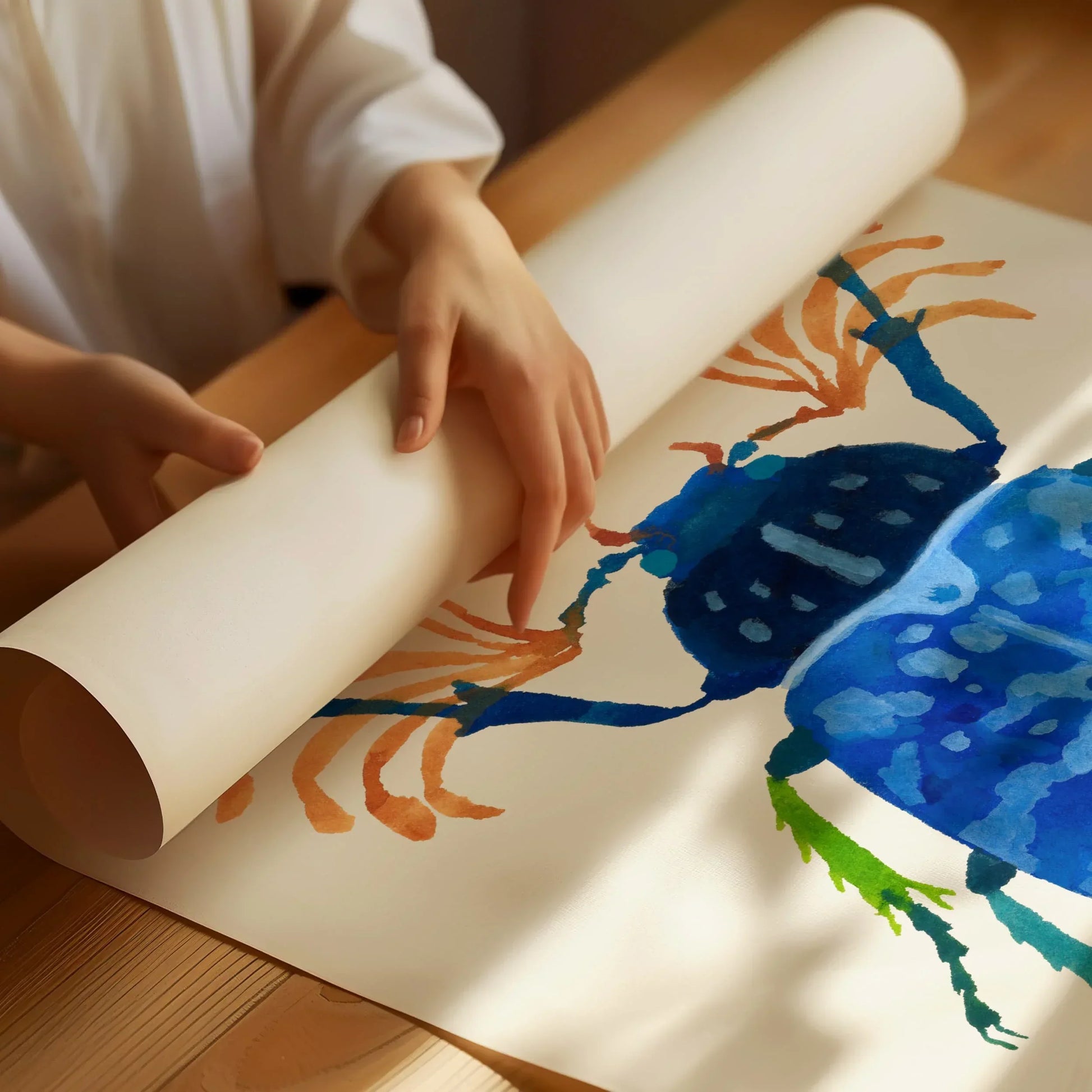 Gouache painting of a vibrant blue beetle with intricate wing details and iridescent hues, centered on a light background. The artwork highlights the beetle’s delicate textures and bold color.