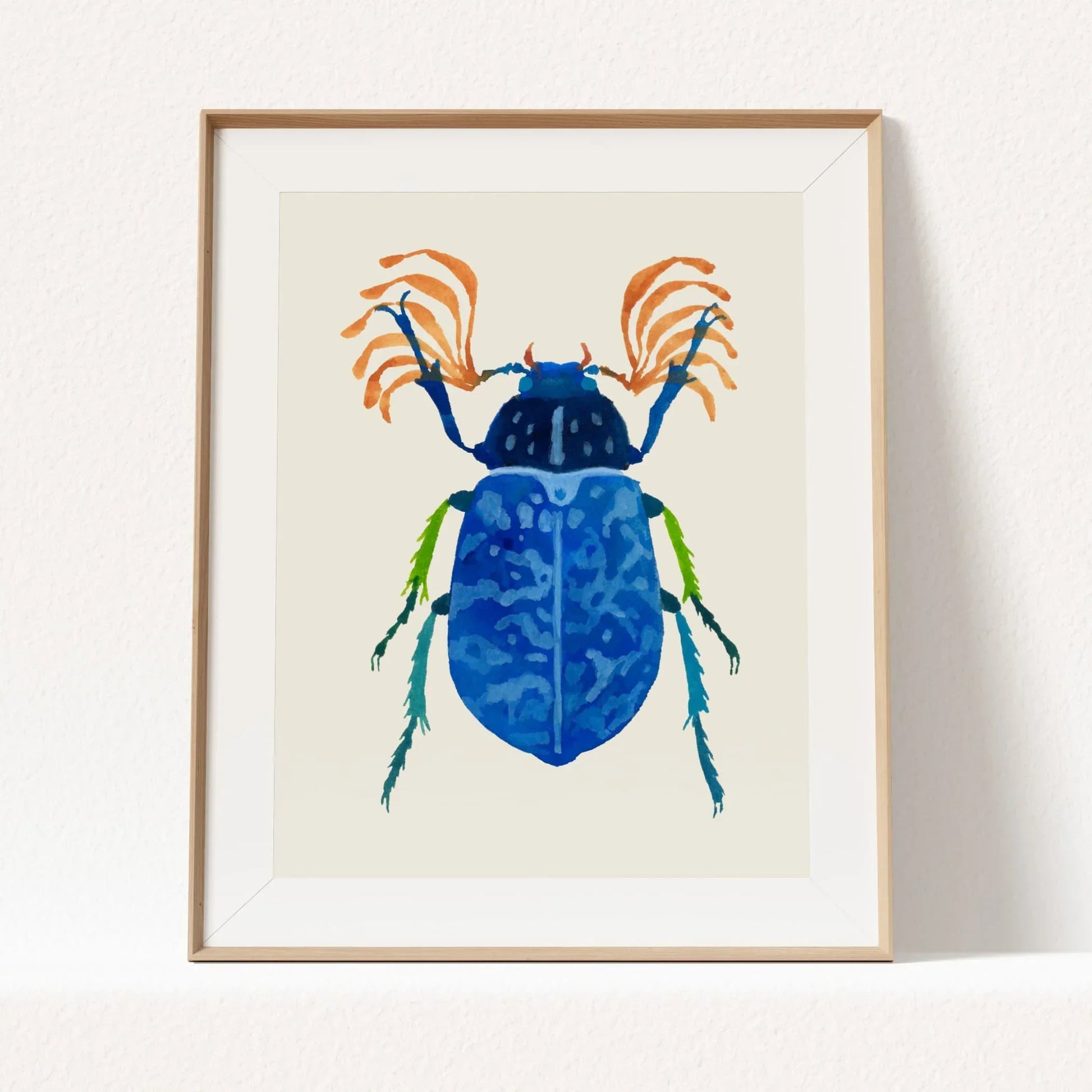 Art print of a vibrant blue beetle with detailed wings and iridescent tones, painted in gouache on textured paper. The beetle is centered against a clean background, highlighting its intricate patterns and vivid color.