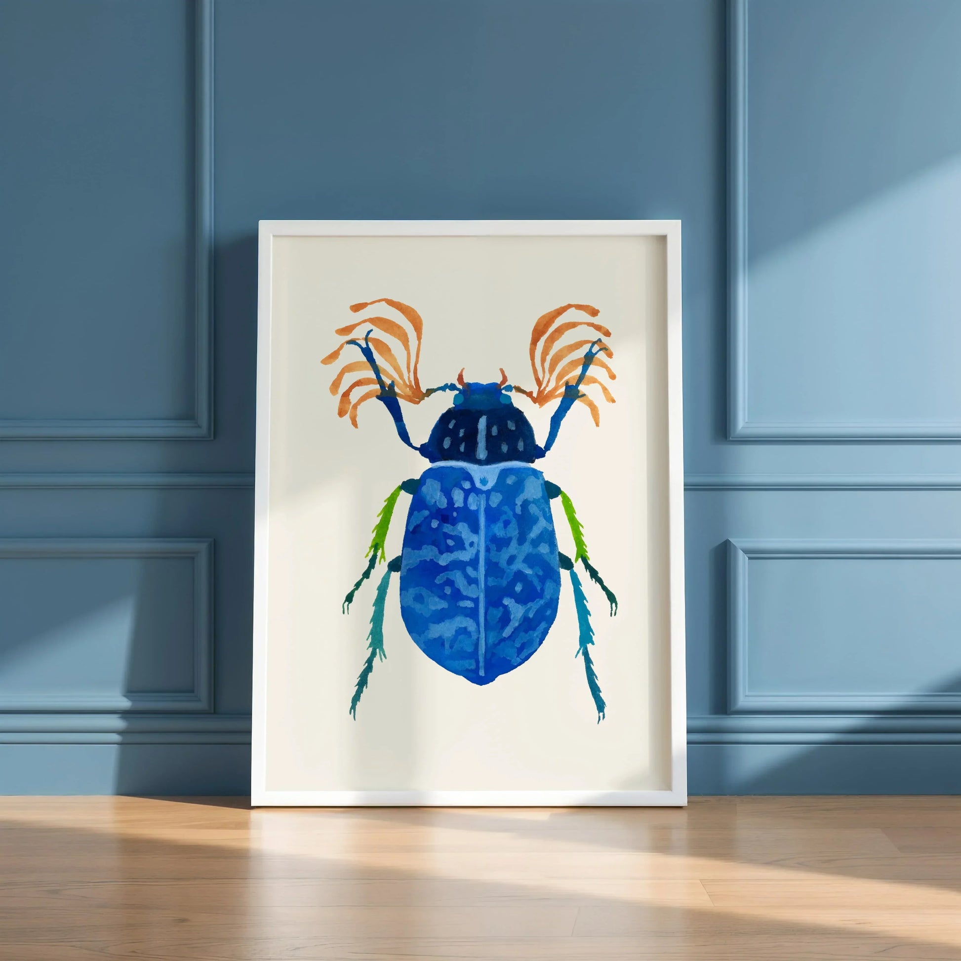 Gouache painting of a vibrant blue beetle with intricate wing details and iridescent hues, centered on a light background. The artwork highlights the beetle’s delicate textures and bold color.