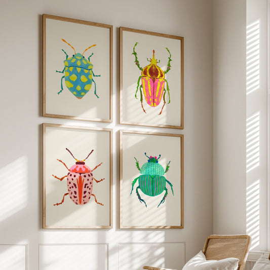 Four framed illustrations of colorful beetles on a wall.