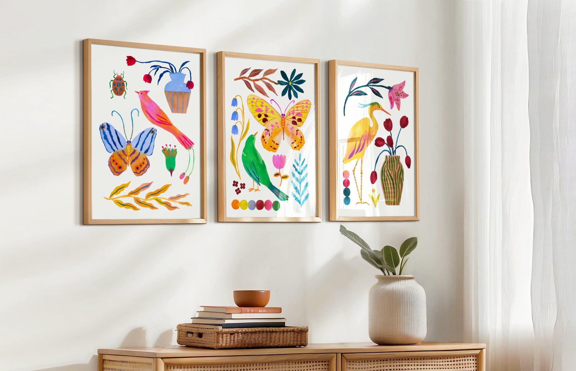 High-quality archival giclée art print by Sun Lee from the "Whispers of Spring" collection, featuring vibrant watercolor and gouache illustration of flowers, birds, and butterflies. Perfect for modern boho, Scandinavian, and nature-inspired homes, as well as eclectic and minimalist spaces. Ideal for nurseries and children's rooms, bringing color, joy, and tranquility to any space.