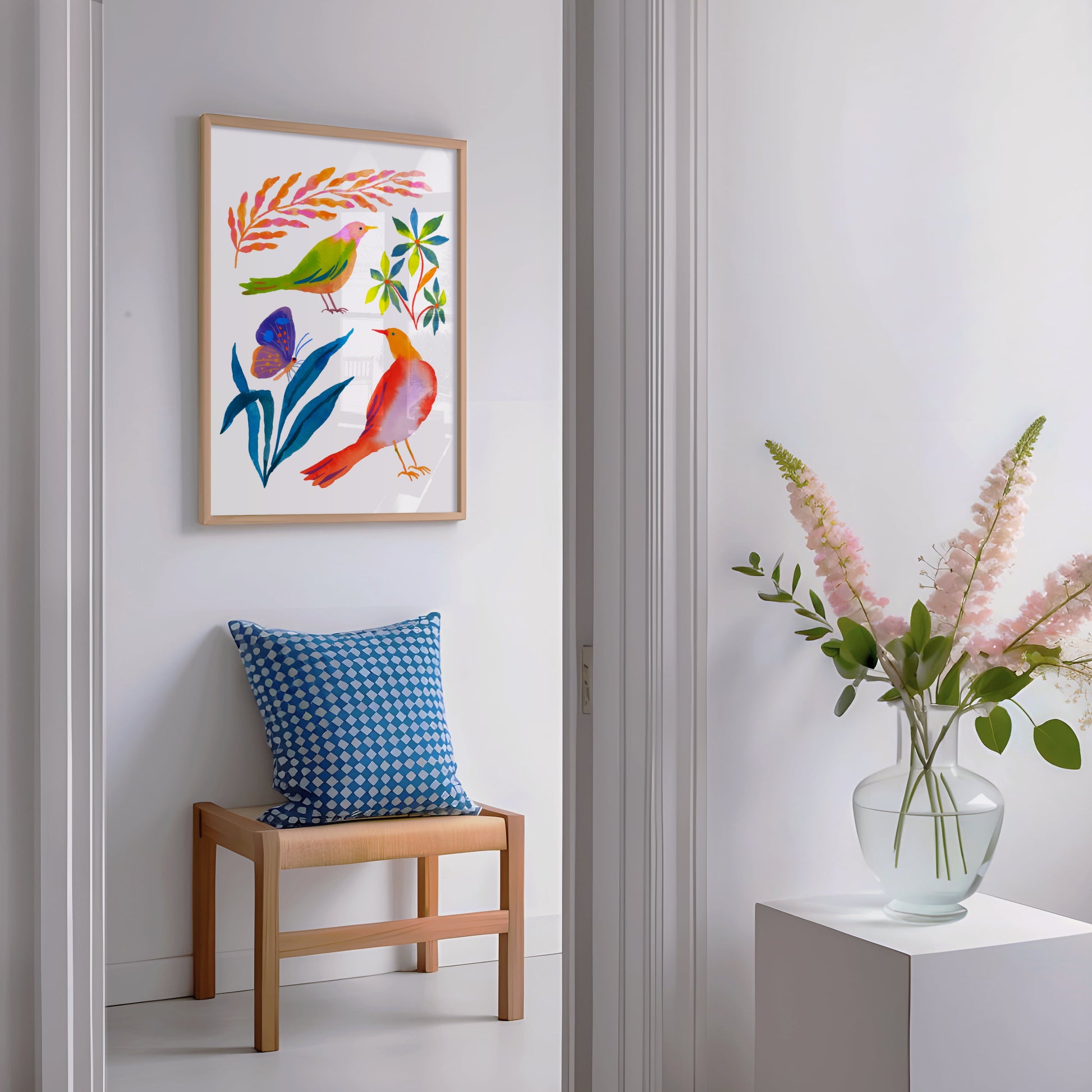 High-quality giclée print by Sun Lee from the "Whispers of Spring" collection, featuring vibrant watercolor and gouache painting of flowers, birds, butterflies, and insects. This aesthetic watercolor artwork brings color, joy, and tranquility to any space. Ideal for modern boho, Scandinavian, nature-inspired, eclectic, and minimalist homes—perfect for nurseries and children's rooms.

