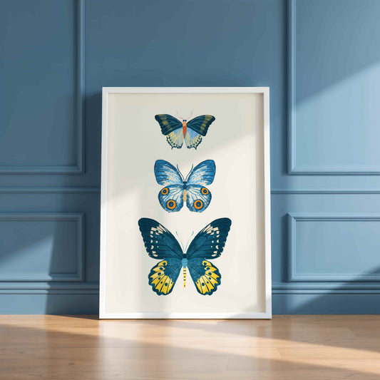 Minimal illustration of three blue butterflies with delicate wings and calm tones.
