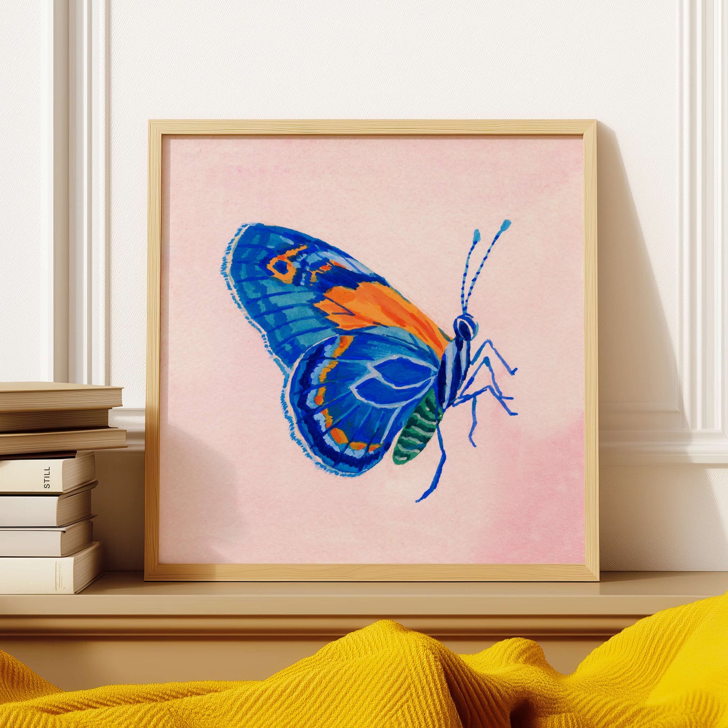 Blue butterfly art print painted in gouache and watercolor on a soft pink background