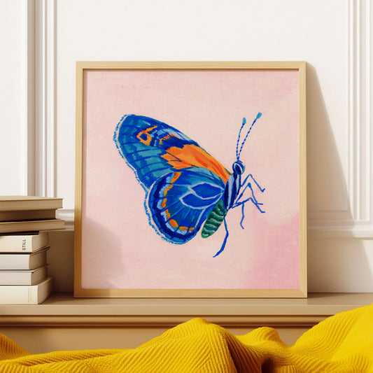 Blue butterfly art print painted in gouache and watercolor on a soft pink background