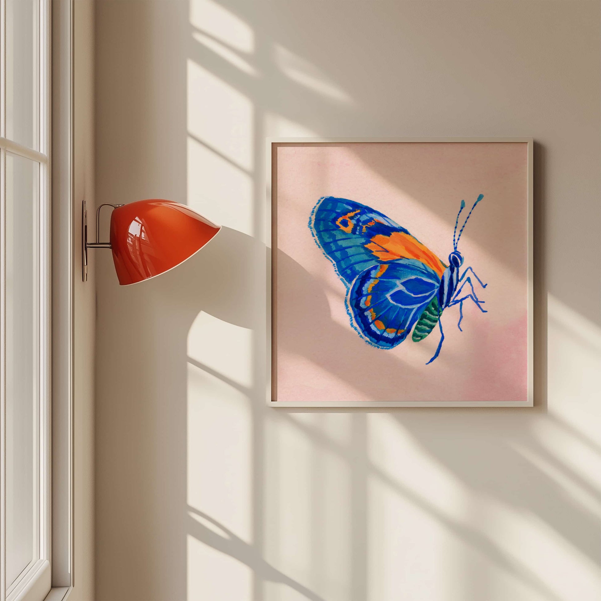 Hand-painted blue butterfly artwork with soft pink backdrop