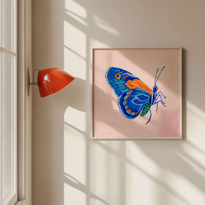 Hand-painted blue butterfly artwork with soft pink backdrop