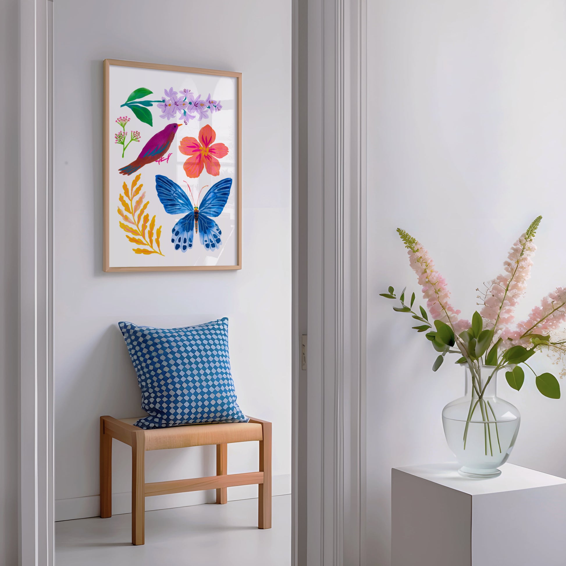 High-quality archival giclée art print by Sun Lee from the "Whispers of Spring" collection, featuring vibrant watercolor and gouache illustration of flowers, birds, and butterflies. Perfect for modern boho, Scandinavian, and nature-inspired homes, as well as eclectic and minimalist spaces. Ideal for nurseries and children's rooms, bringing color, joy, and tranquility to any space.