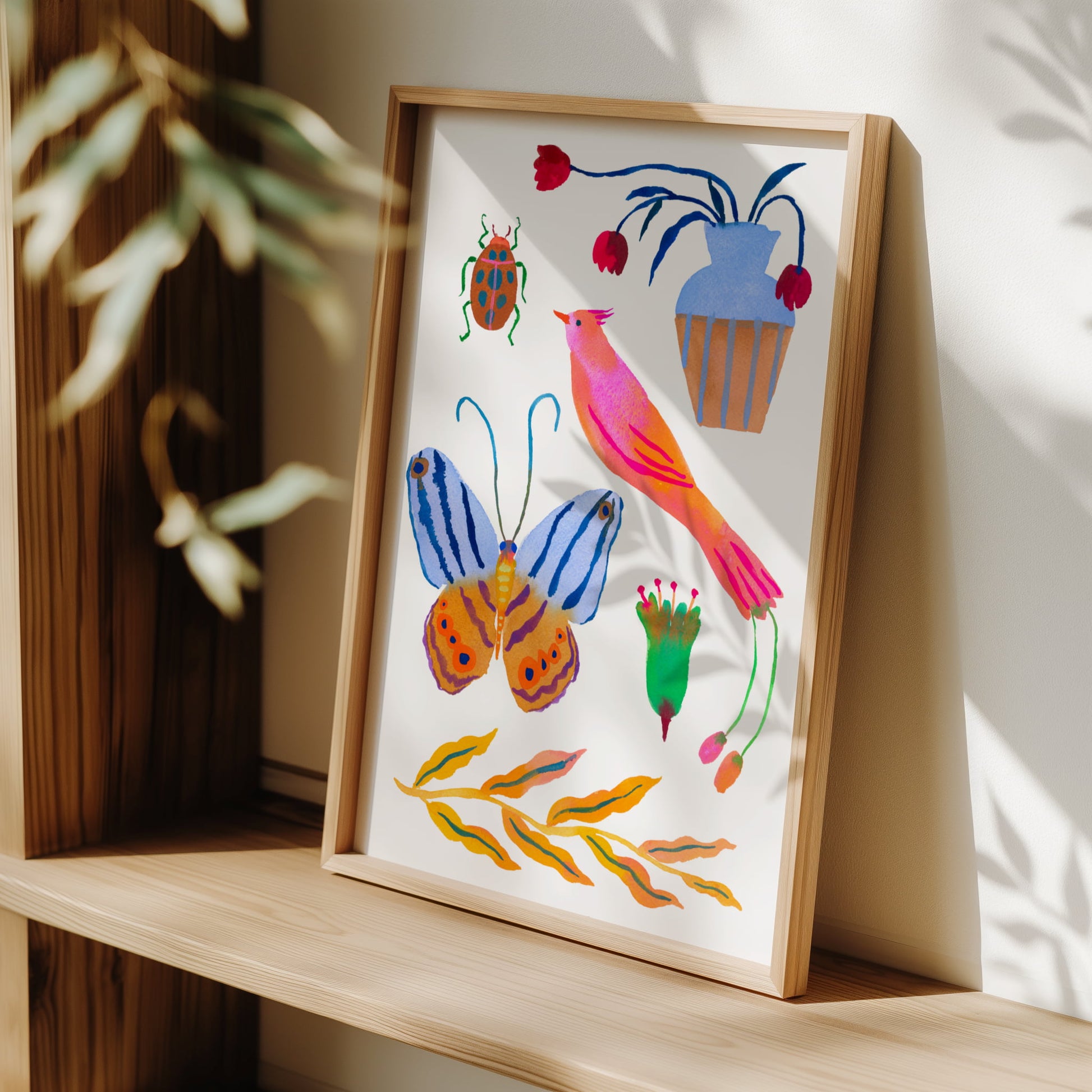 High-quality archival giclée art print by Sun Lee from the "Whispers of Spring" collection, featuring vibrant watercolor and gouache illustration of flowers, birds, and butterflies. Perfect for modern boho, Scandinavian, and nature-inspired homes, as well as eclectic and minimalist spaces. Ideal for nurseries and children's rooms, bringing color, joy, and tranquility to any space.