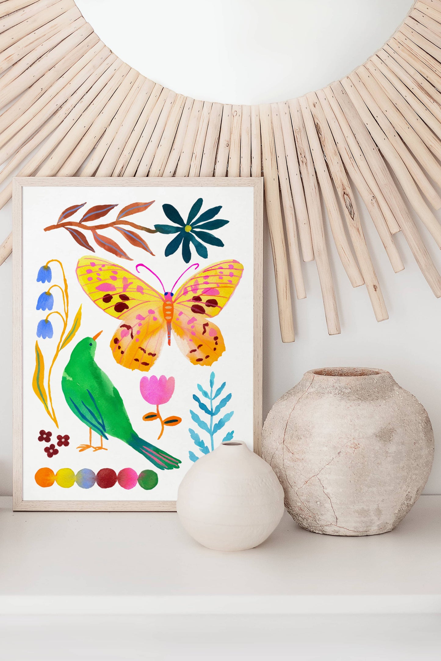 High-quality archival giclée art print by Sun Lee from the "Whispers of Spring" collection, featuring vibrant watercolor and gouache illustration of flowers, birds, and butterflies. Perfect for modern boho, Scandinavian, and nature-inspired homes, as well as eclectic and minimalist spaces. Ideal for nurseries and children's rooms, bringing color, joy, and tranquility to any space.