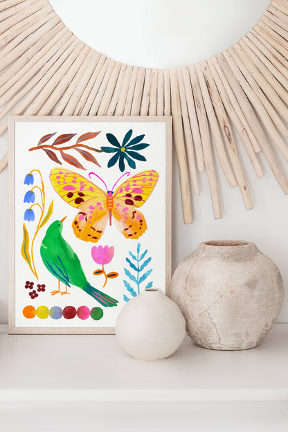 High-quality archival giclée art print by Sun Lee from the "Whispers of Spring" collection, featuring vibrant watercolor and gouache illustration of flowers, birds, and butterflies. Perfect for modern boho, Scandinavian, and nature-inspired homes, as well as eclectic and minimalist spaces. Ideal for nurseries and children's rooms, bringing color, joy, and tranquility to any space.
