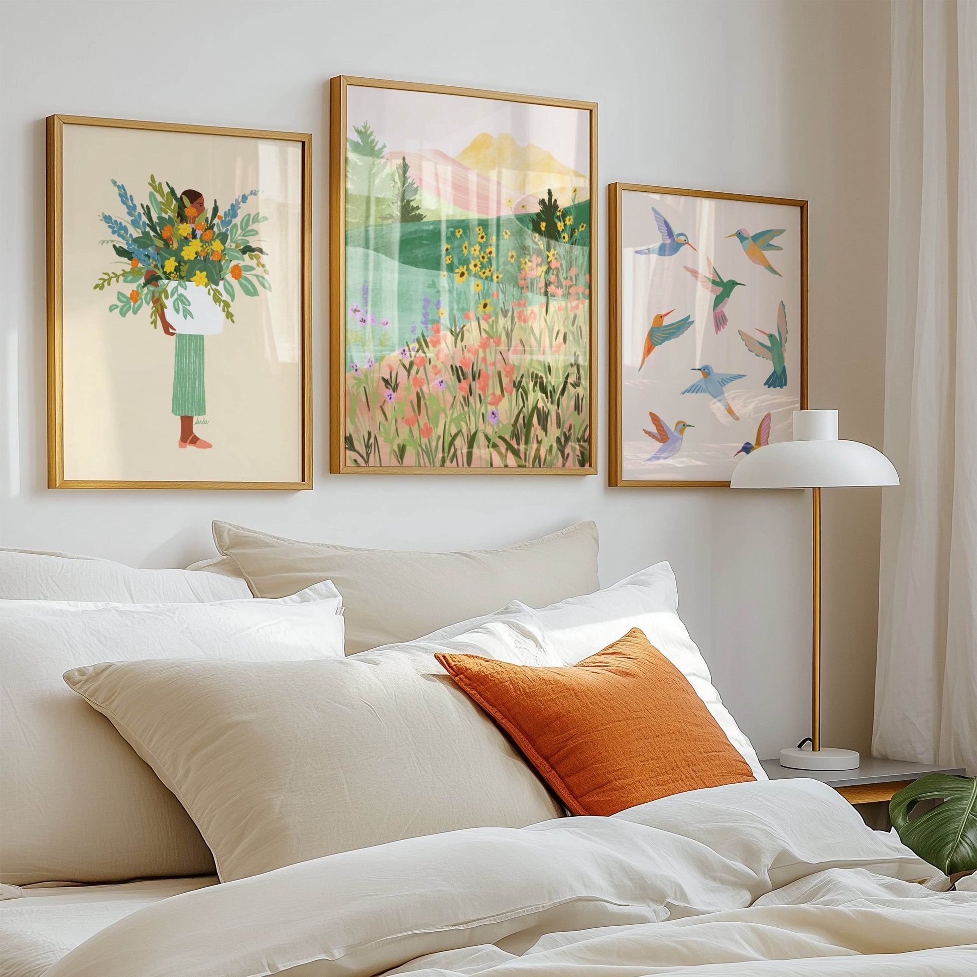 Three colorful illustrations of hummingbirds, flower meadow, and a woman with a flower vase for nature-inspired home decor