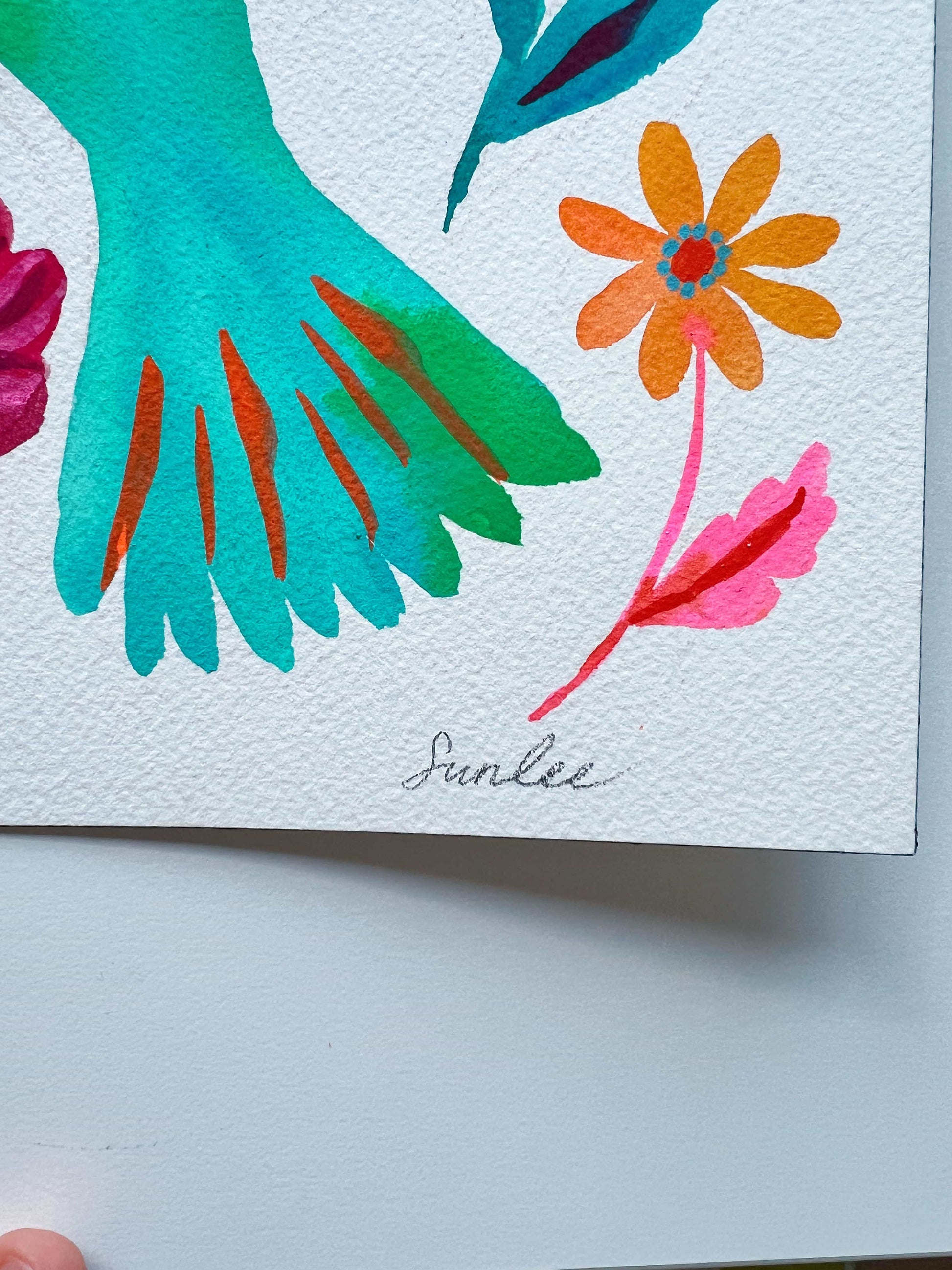 Original gouache, watercolor, and acrylic painting by Sun Lee from the 'Whispers of Spring' collection. This vibrant piece features a whimsical depiction of nature with bright flowers, butterflies, and birds, capturing the energy and beauty of spring. Perfect for nature lovers and those seeking aesthetic watercolor and gouache artwork, bringing joy and color to your space.