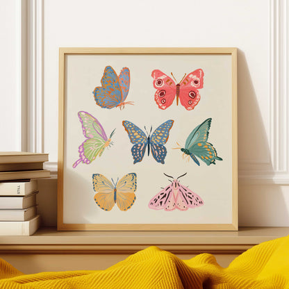 Minimal, whimsical illustration of butterflies and moths in soft pastel tones.