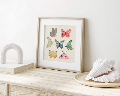 Softly colored butterflies and moths illustrated in a calm, delicate palette.