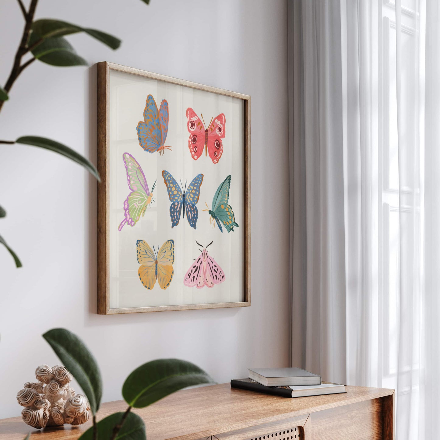 Gentle art print featuring butterflies and moths with subtle textures.