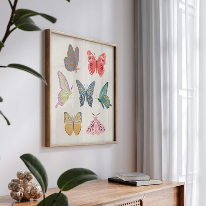 Gentle art print featuring butterflies and moths with subtle textures.