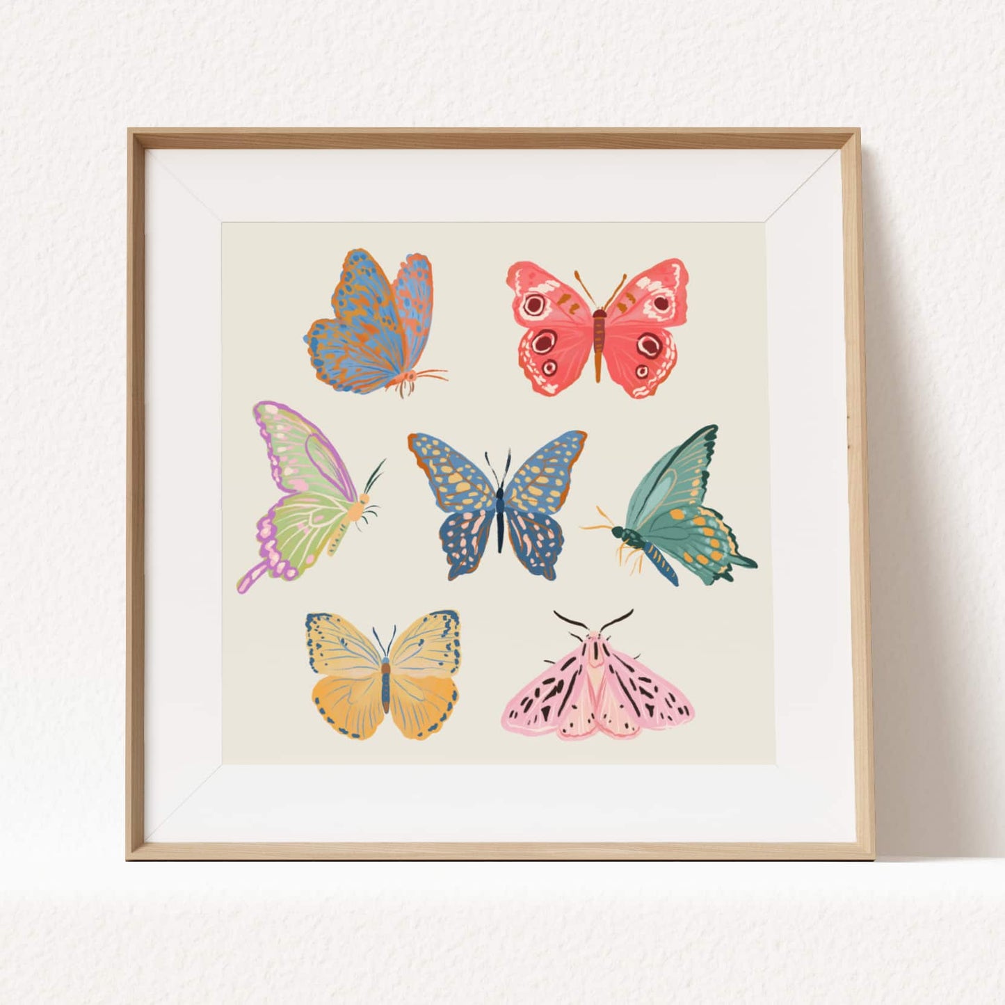 Softly colored butterflies and moths illustrated in a calm, delicate palette.