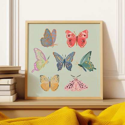 Softly colored butterflies and moths illustrated in a calm, delicate palette.