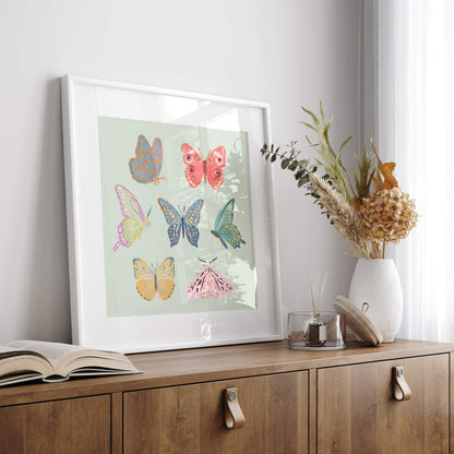 Minimal, whimsical illustration of butterflies and moths in soft pastel tones.