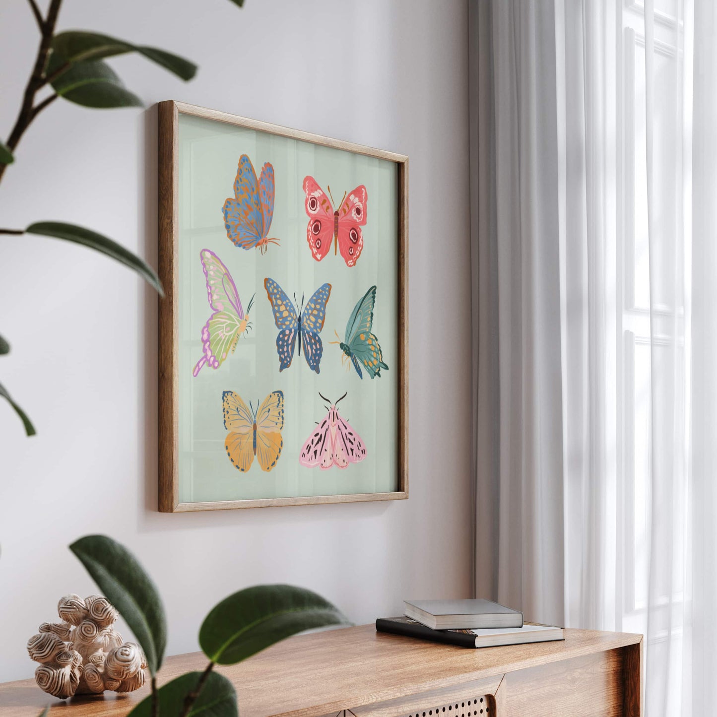 Gentle art print featuring butterflies and moths with subtle textures.