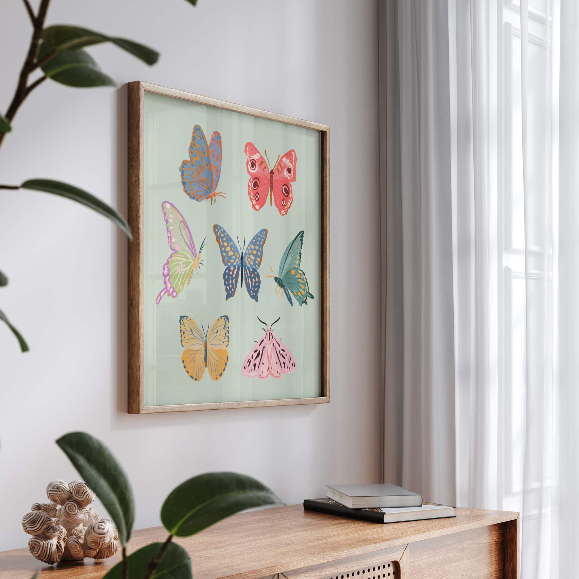 Gentle art print featuring butterflies and moths with subtle textures.