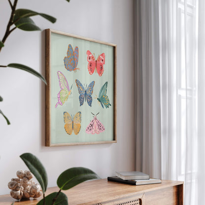 Gentle art print featuring butterflies and moths with subtle textures.