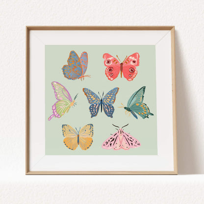 Softly colored butterflies and moths illustrated in a calm, delicate palette.