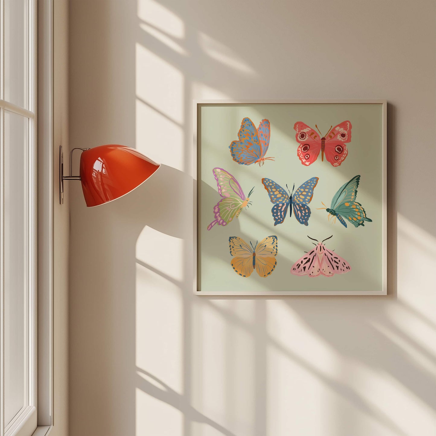 Minimal, whimsical illustration of butterflies and moths in soft pastel tones.