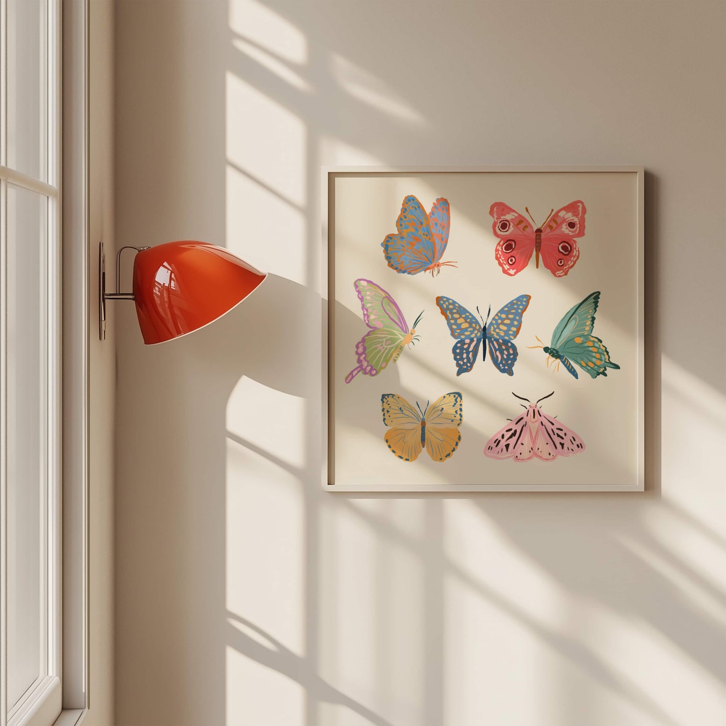 Gentle art print featuring butterflies and moths with subtle textures.