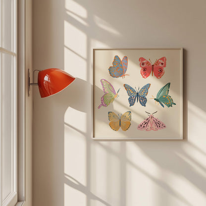 Gentle art print featuring butterflies and moths with subtle textures.