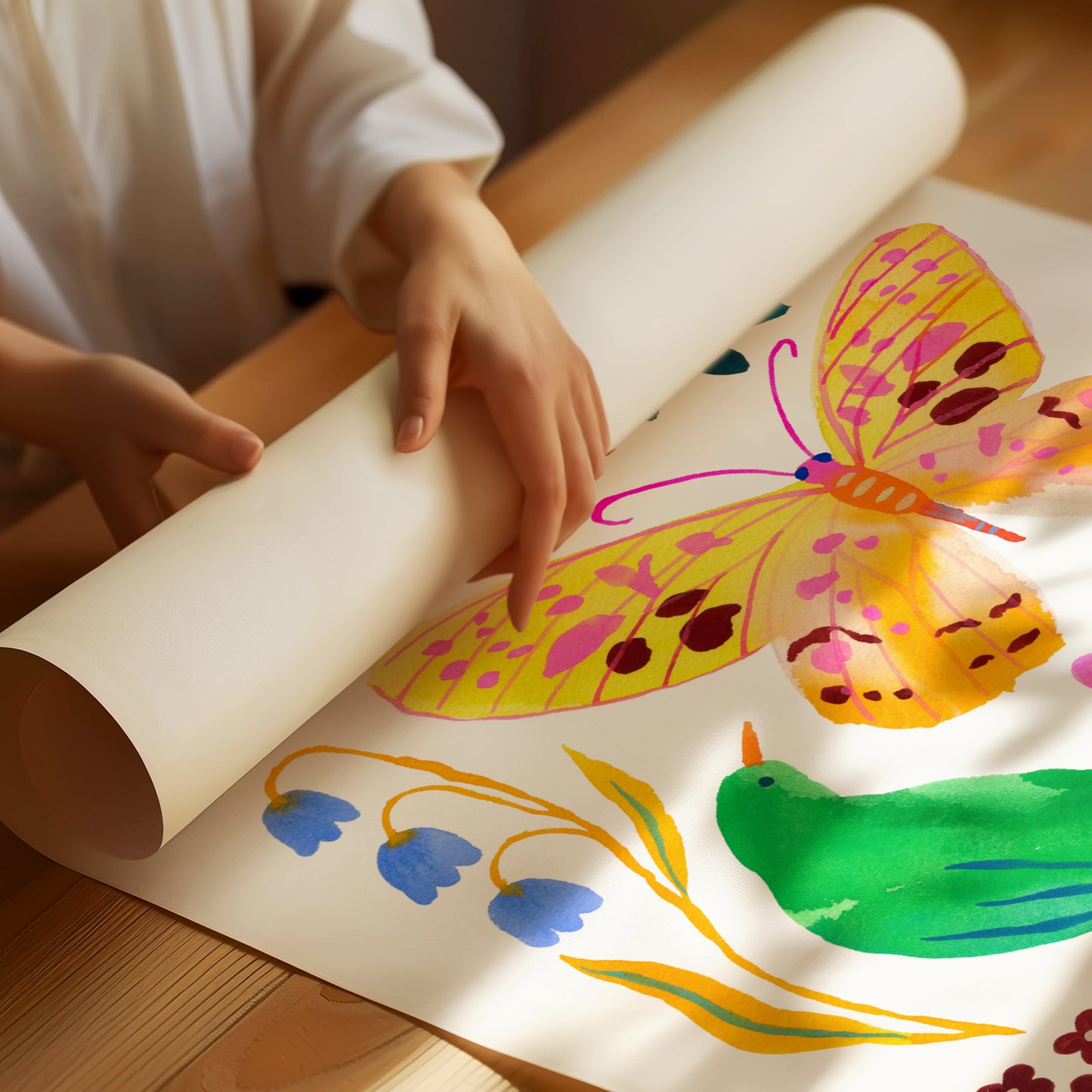 High-quality archival giclée art print by Sun Lee from the "Whispers of Spring" collection, featuring vibrant watercolor and gouache illustration of flowers, birds, and butterflies. Perfect for modern boho, Scandinavian, and nature-inspired homes, as well as eclectic and minimalist spaces. Ideal for nurseries and children's rooms, bringing color, joy, and tranquility to any space.