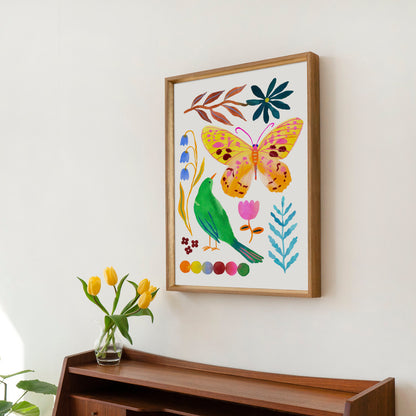 High-quality archival giclée art print by Sun Lee from the "Whispers of Spring" collection, featuring vibrant watercolor and gouache illustration of flowers, birds, and butterflies. Perfect for modern boho, Scandinavian, and nature-inspired homes, as well as eclectic and minimalist spaces. Ideal for nurseries and children's rooms, bringing color, joy, and tranquility to any space.