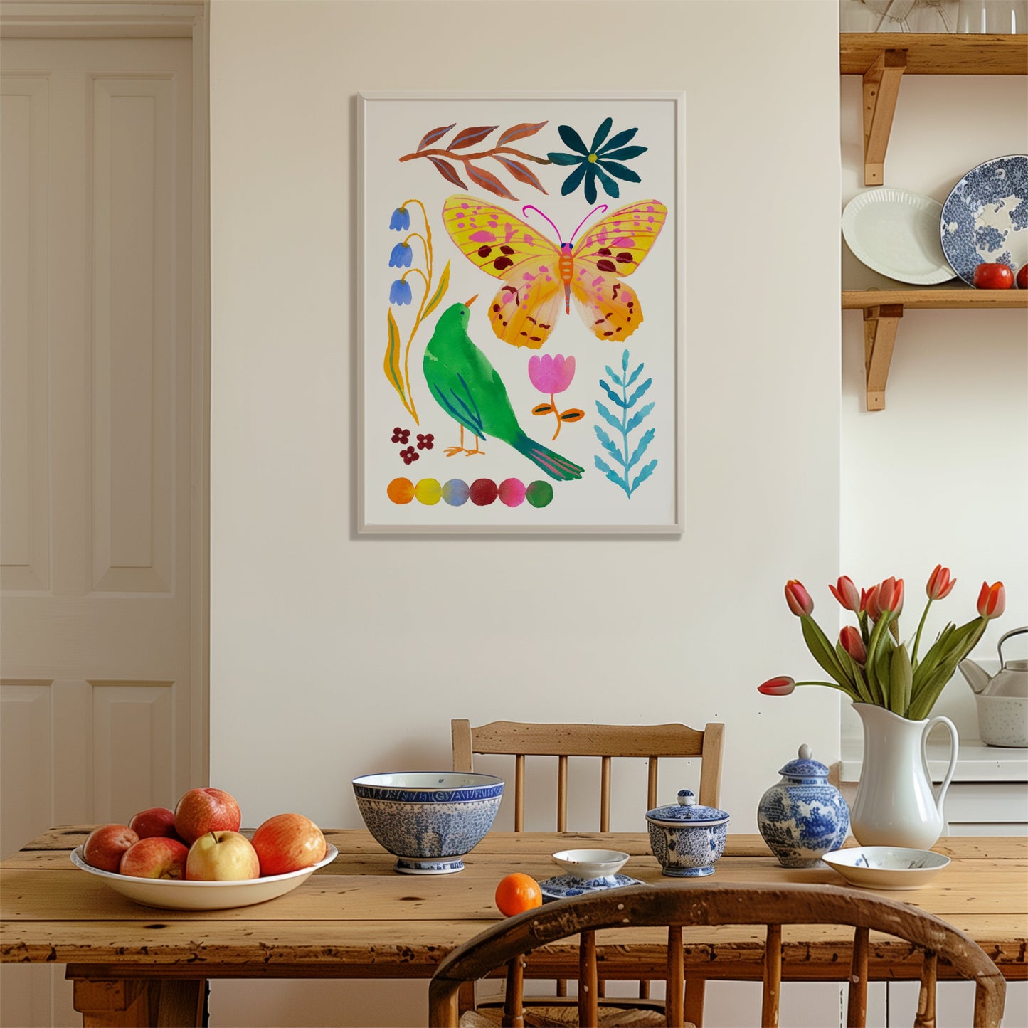 Bring color and joy into your space with this high-quality archival giclée print of Sun Lee’s original watercolor and gouache painting. Part of the Whispers of Spring collection, this vibrant art print features delicate flowers, cheerful birds, and fluttering butterflies—a celebration of nature’s beauty.

Perfect for modern boho interiors, Scandinavian-style homes, nature-inspired spaces, and eclectic or minimalist rooms that need a pop of color. It also makes a heartwarming addition to nurseries and childr