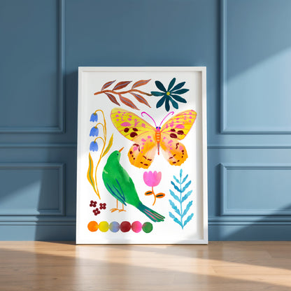 High-quality archival giclée art print by Sun Lee from the "Whispers of Spring" collection, featuring vibrant watercolor and gouache illustration of flowers, birds, and butterflies. Perfect for modern boho, Scandinavian, and nature-inspired homes, as well as eclectic and minimalist spaces. Ideal for nurseries and children's rooms, bringing color, joy, and tranquility to any space.