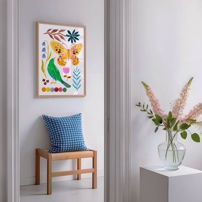 High-quality archival giclée art print by Sun Lee from the "Whispers of Spring" collection, featuring vibrant watercolor and gouache illustration of flowers, birds, and butterflies. Perfect for modern boho, Scandinavian, and nature-inspired homes, as well as eclectic and minimalist spaces. Ideal for nurseries and children's rooms, bringing color, joy, and tranquility to any space.
