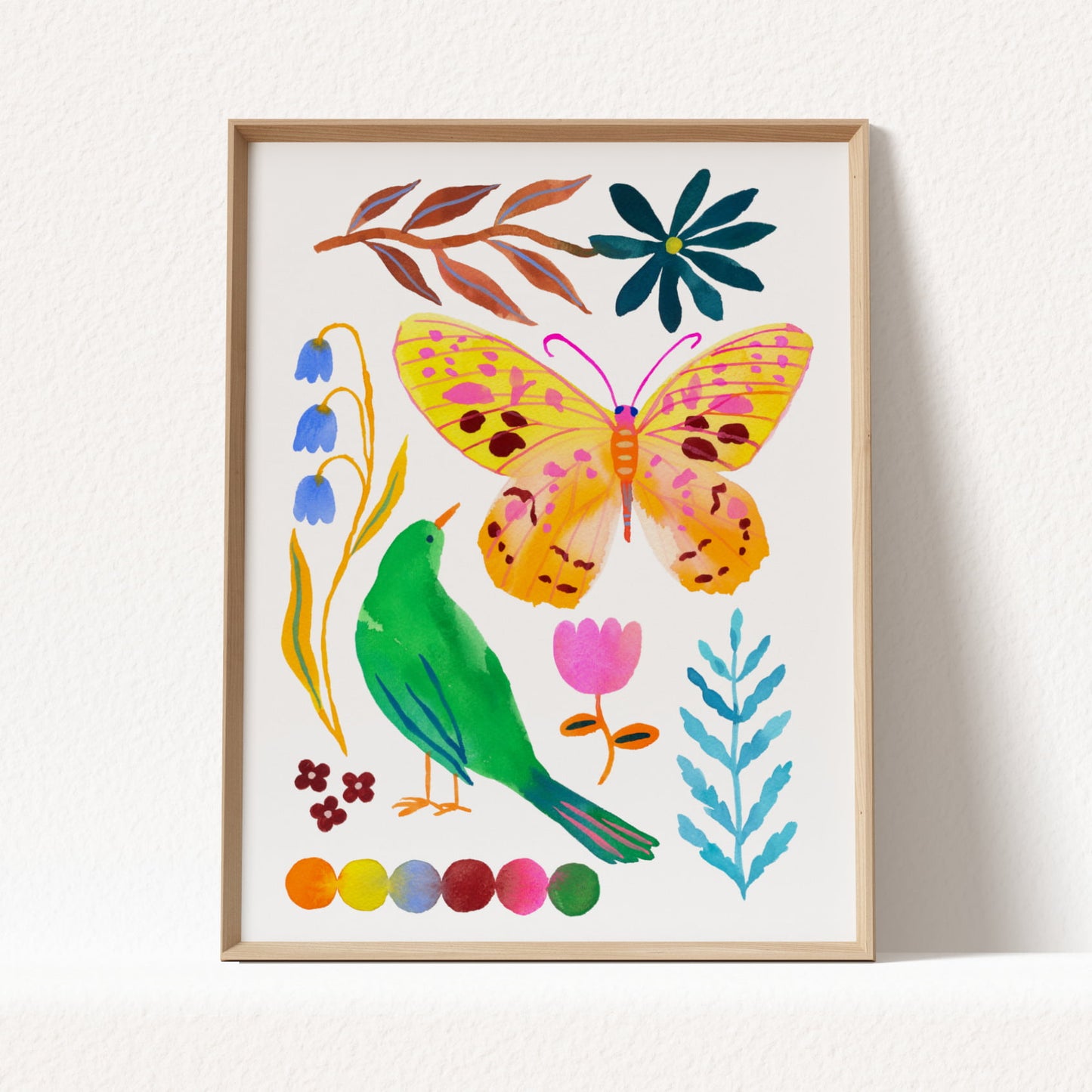 High-quality archival giclée art print by Sun Lee from the "Whispers of Spring" collection, featuring vibrant watercolor and gouache illustration of flowers, birds, and butterflies. Perfect for modern boho, Scandinavian, and nature-inspired homes, as well as eclectic and minimalist spaces. Ideal for nurseries and children's rooms, bringing color, joy, and tranquility to any space.