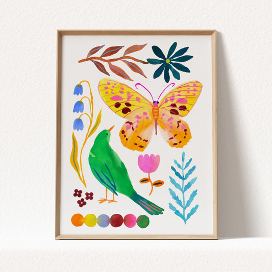 High-quality archival giclée art print by Sun Lee from the "Whispers of Spring" collection, featuring vibrant watercolor and gouache illustration of flowers, birds, and butterflies. Perfect for modern boho, Scandinavian, and nature-inspired homes, as well as eclectic and minimalist spaces. Ideal for nurseries and children's rooms, bringing color, joy, and tranquility to any space.