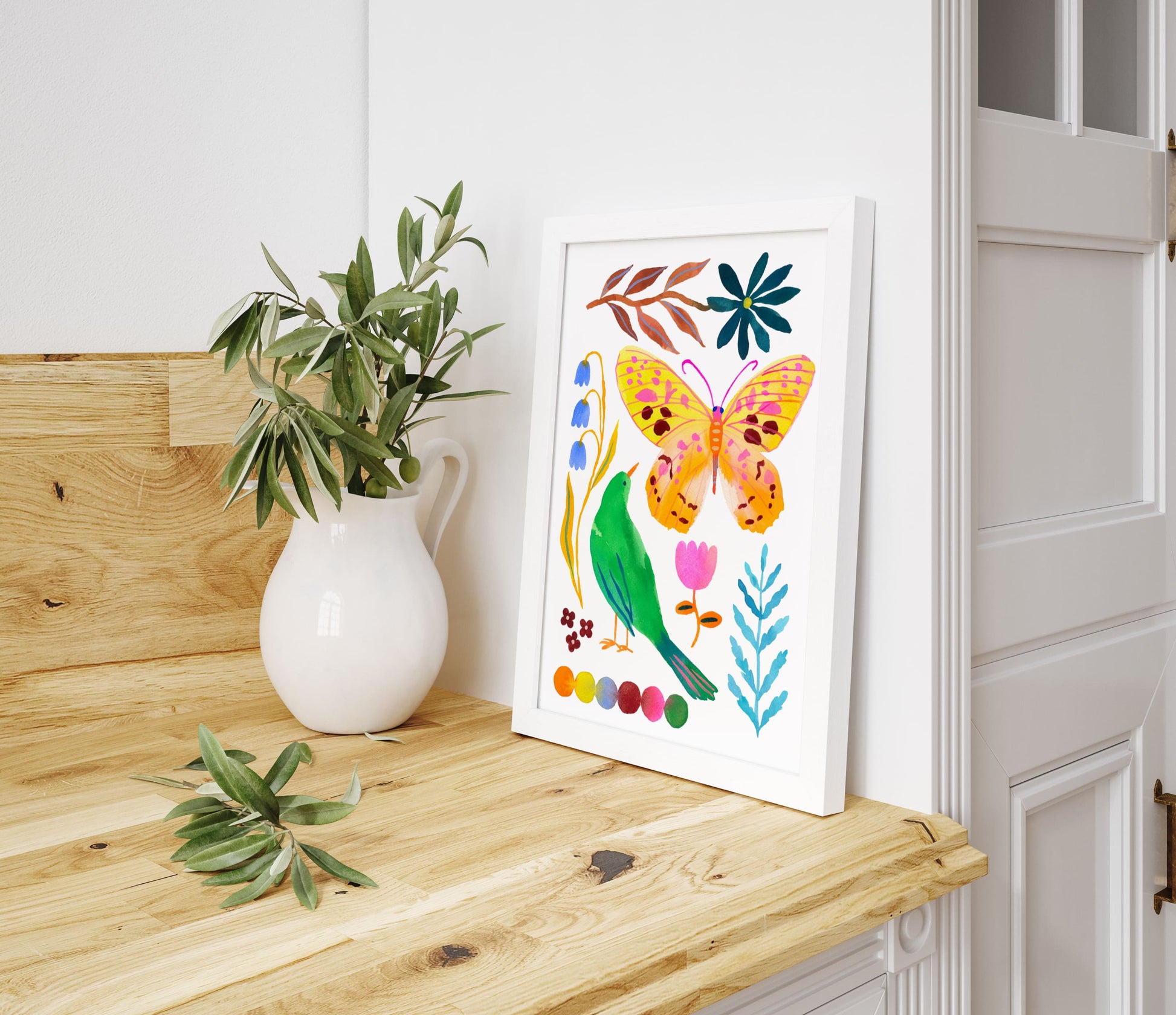 Bring color and joy into your space with this high-quality archival giclée print of Sun Lee’s original watercolor and gouache painting. Part of the Whispers of Spring collection, this vibrant art print features delicate flowers, cheerful birds, and fluttering butterflies—a celebration of nature’s beauty.

Perfect for modern boho interiors, Scandinavian-style homes, nature-inspired spaces, and eclectic or minimalist rooms that need a pop of color. It also makes a heartwarming addition to nurseries and childr
