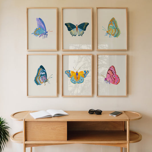Framed butterfly artworks on a wall above a wooden console table.