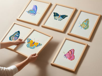 Framed illustrations of butterflies on a beige wall