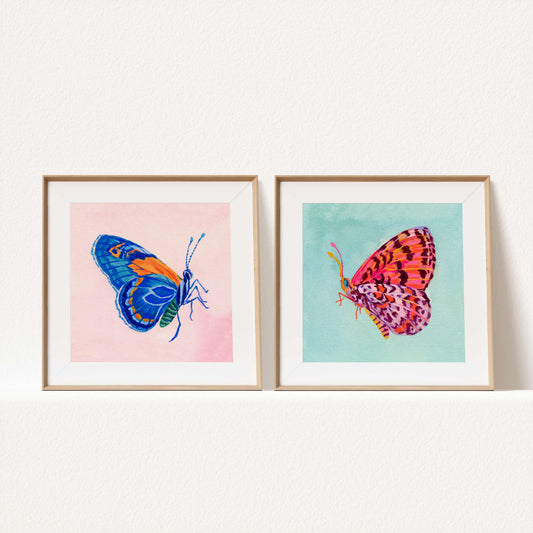 Set of two butterfly art prints, blue and pink, painted in gouache and watercolor