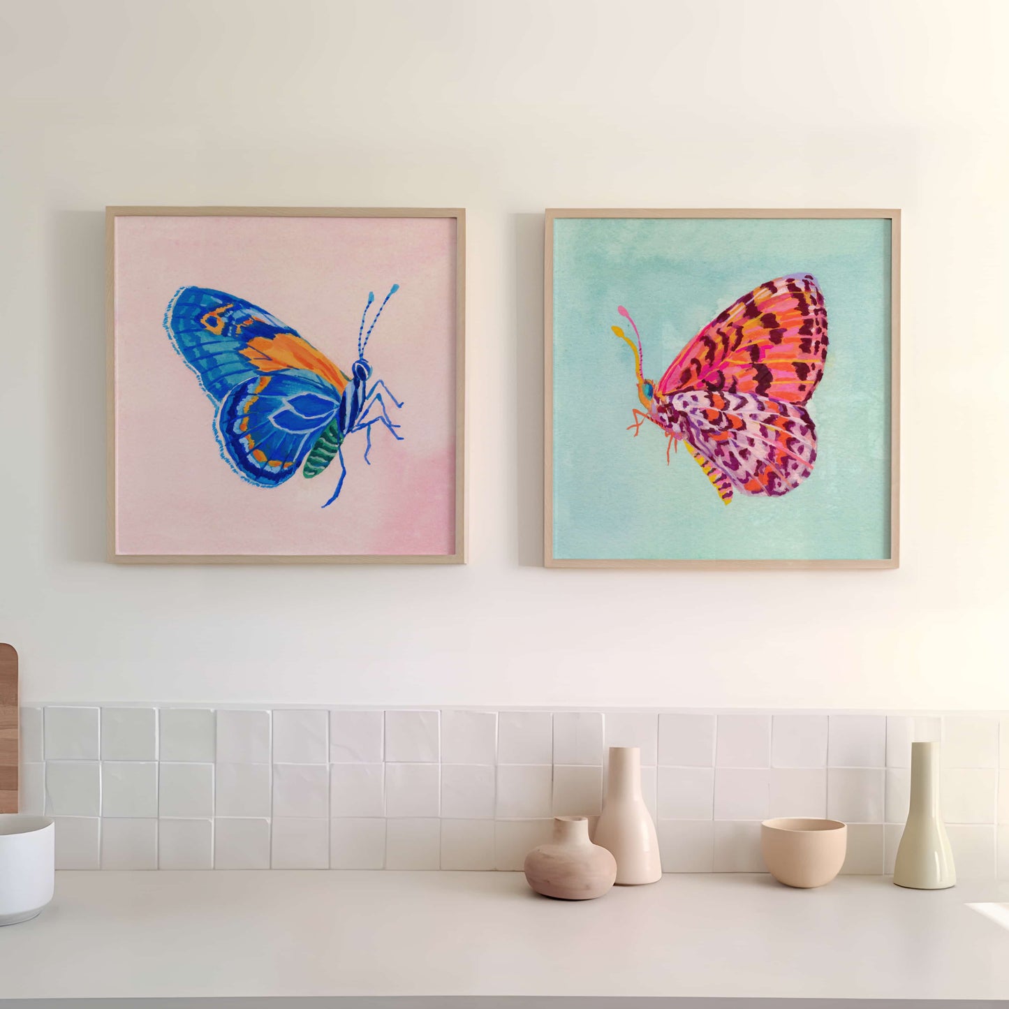 Set of two butterfly art prints, blue and pink, painted in gouache and watercolor