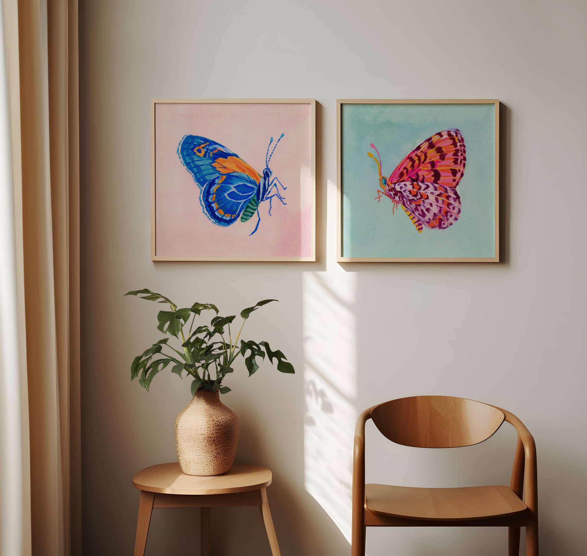 Blue and pink butterfly wall art prints, nature-inspired décor