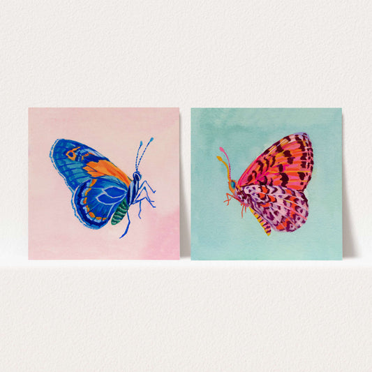 Set of two butterfly art prints, blue and pink, painted in gouache and watercolor
