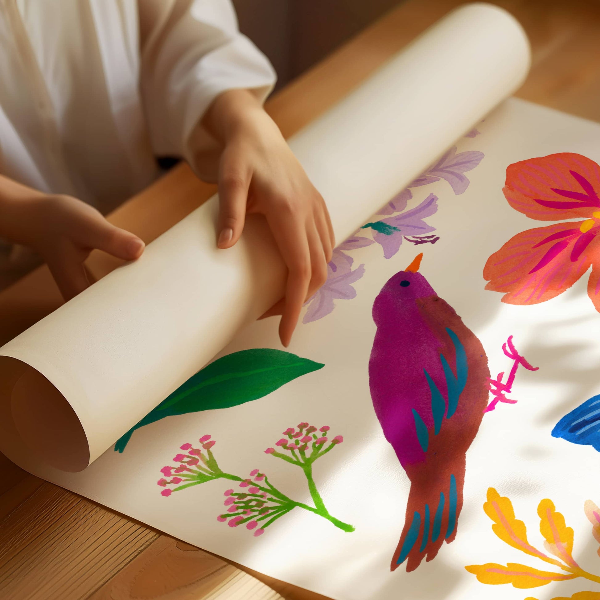 High-quality archival giclée art print by Sun Lee from the "Whispers of Spring" collection, featuring vibrant watercolor and gouache illustration of flowers, birds, and butterflies. Perfect for modern boho, Scandinavian, and nature-inspired homes, as well as eclectic and minimalist spaces. Ideal for nurseries and children's rooms, bringing color, joy, and tranquility to any space.